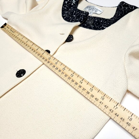 ST JOHN Evening Womens Beaded Santana Knit Jacket Size 2 Buttons Cream & Black - Picture 6 of 14